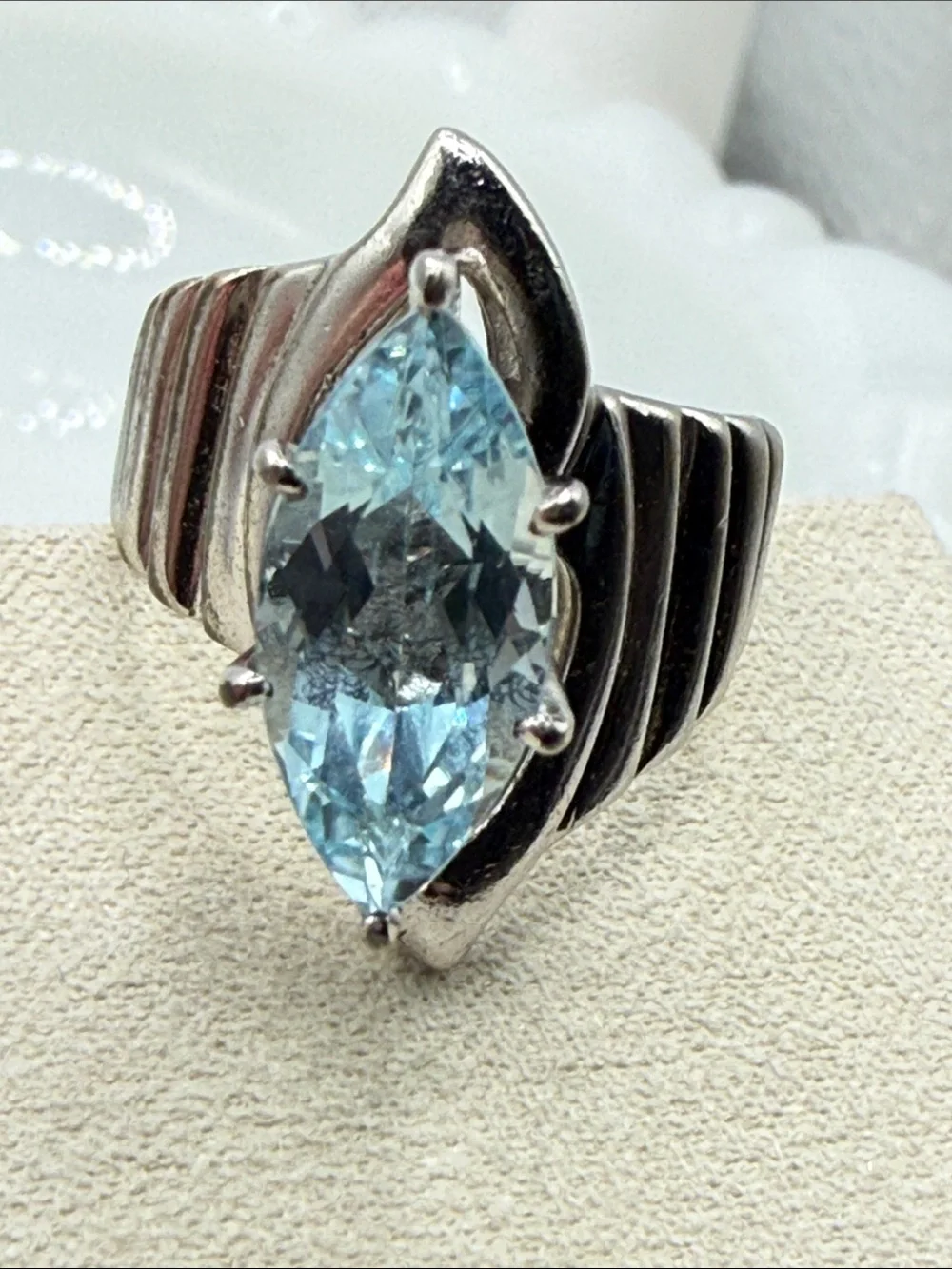 Incredible vintage modernist Silver Ring Blue Marquise Topaz tests sapphire Sz 6